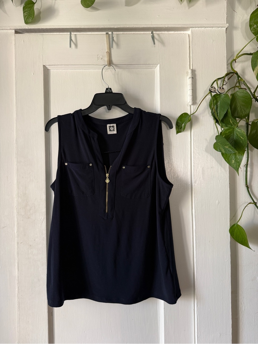 Anne Klein Sleeveless dark blue Zip-Pocket Blouse